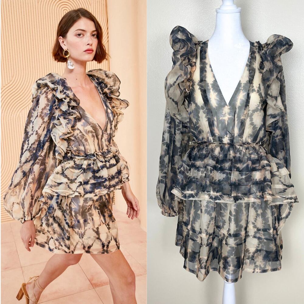 Ulla Johnson Adelaide Printed Silk Minidress Womens 2 Fossil Blue SS23 Ruffle